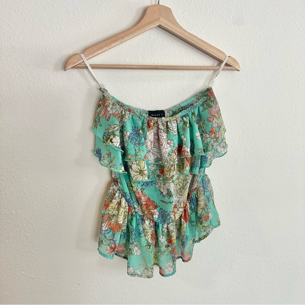 Turquoise Floral Ruffle Top - Strapless and semi sheer